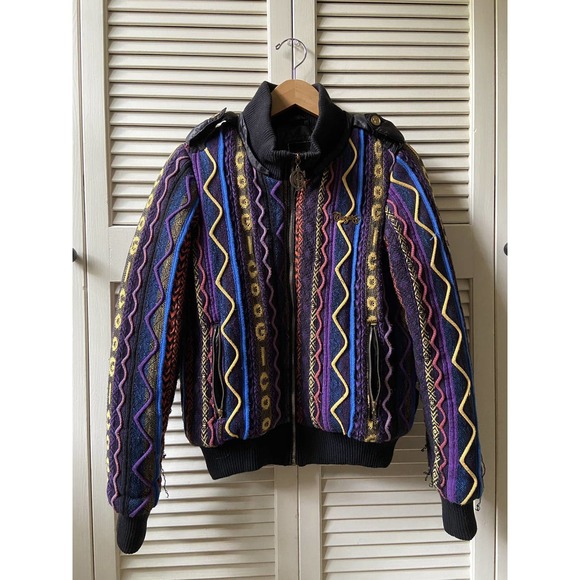 Coogi Australia Wool Knit Sweater Multicolored Zip Puffer Jacket Mens Size Small